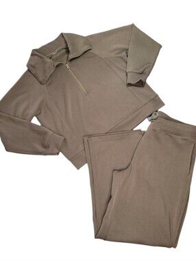 Mushroom Taupe Lounge Set | Quarter Zip Pullover & Wide Leg Pants | Size L